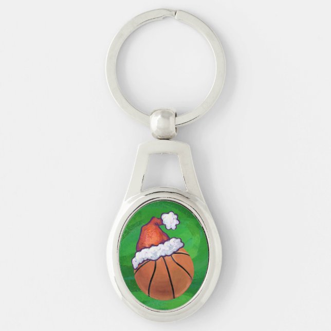 Santa Hat Basketball on Green Keychain (Front)