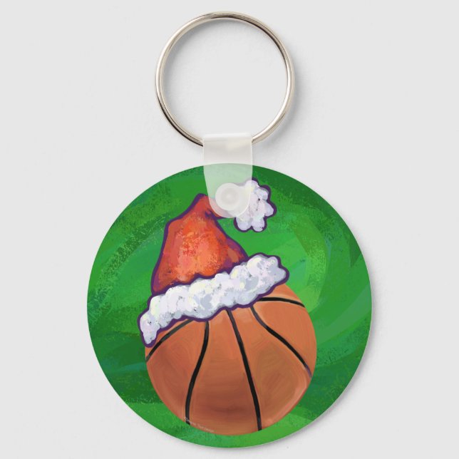 Santa Hat Basketball on Green Keychain (Front)