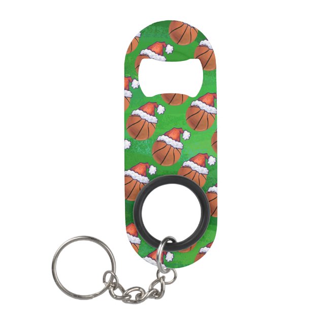 Santa Hat Basketball on Green Keychain Bottle Opener (Front)