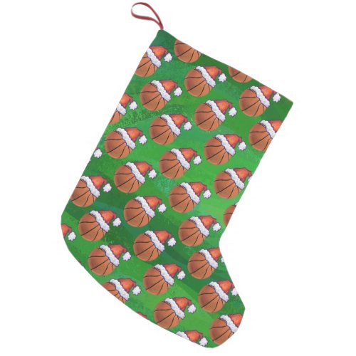 Santa Hat Basketball on Green Small Christmas Stocking