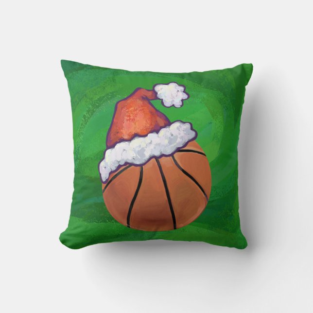 Santa Hat Basketball on Green Throw Pillow (Front)