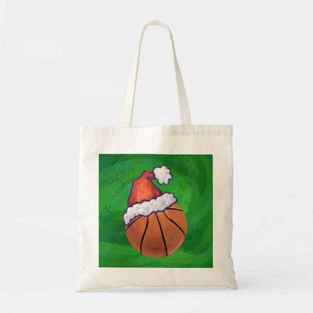 Santa Hat Basketball on Green Tote Bag (Front)