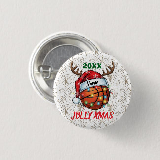  Santa Hat Basketball Reindeer Christmas Fun Sport Button