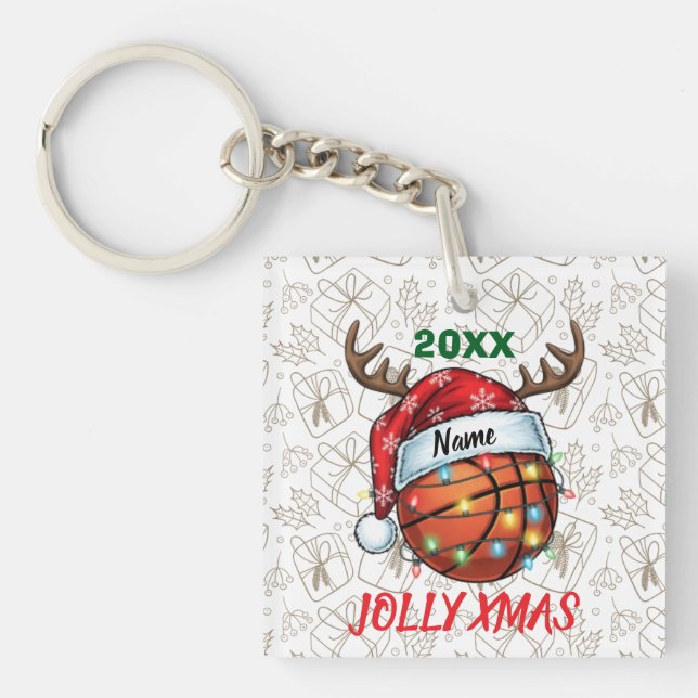  Santa Hat Basketball Reindeer Christmas Fun Sport Keychain (Front)