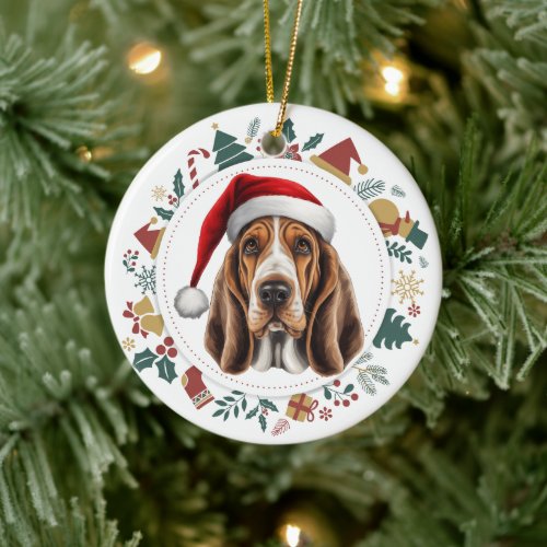 Santa Hat Basset Hound Dog Christmas Images Wreath Ceramic Ornament