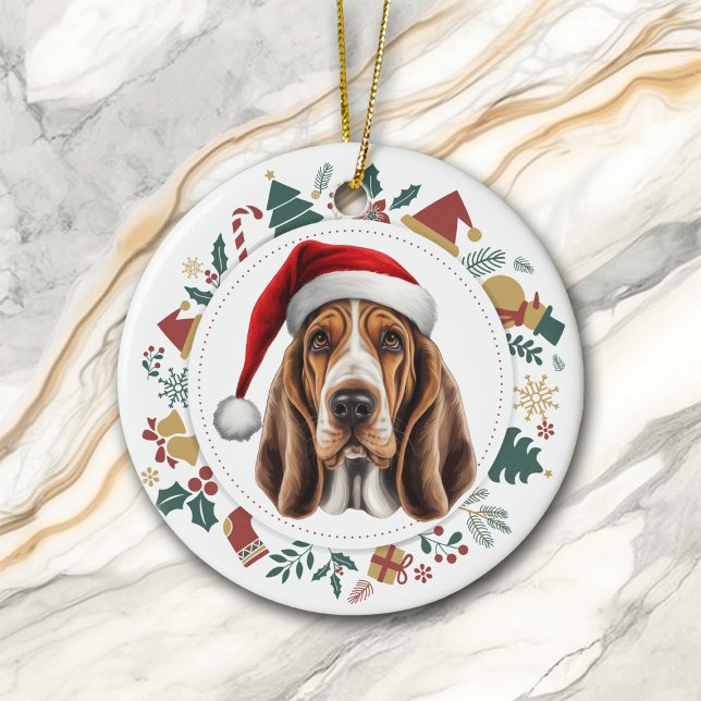 Santa Hat Basset Hound Dog Christmas Images Wreath Ceramic Ornament (Creator Uploaded)