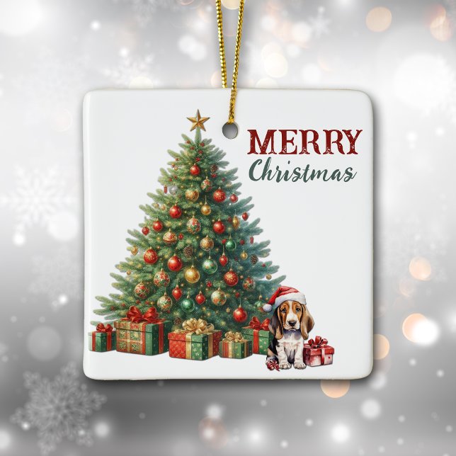 Santa Hat Basset Hound Puppy Christmas Tree Ceramic Ornament (Creator Uploaded)