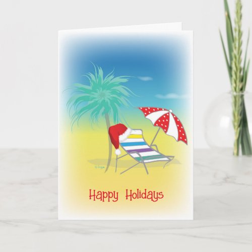 Santa Hat Beach Chair Umbrella Palm Plain Holiday Card