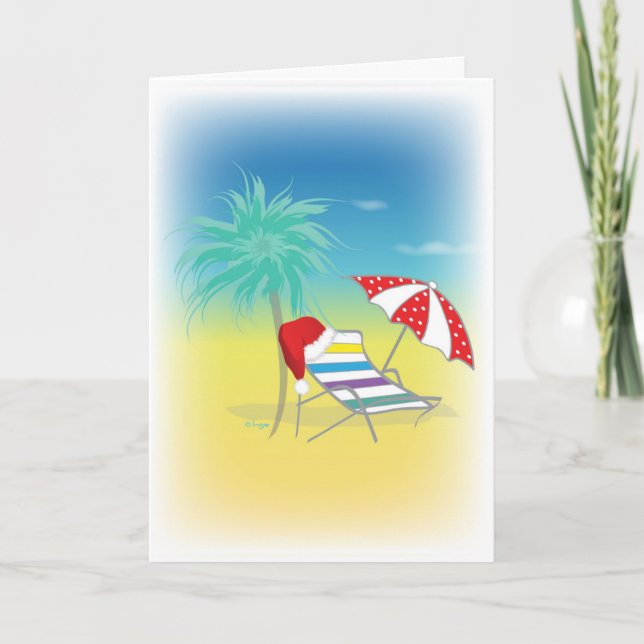 Santa Hat, Beach Chair, Umbrella, Palm,Red Holiday Card (Front)