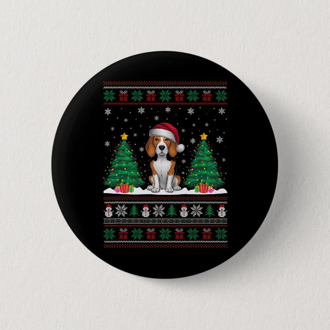 Santa Hat Beagle Dog Christmas Tree Lights Ugly Sw Button (Front)