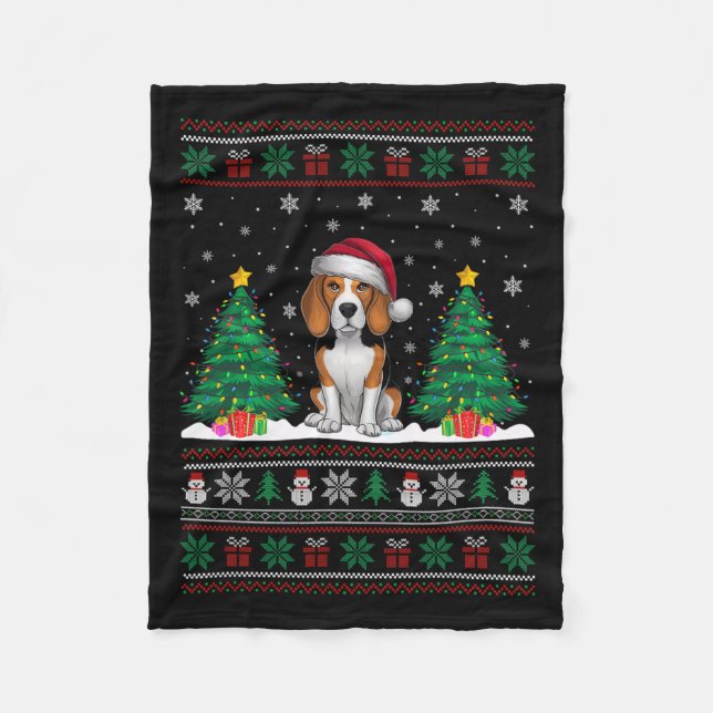 Santa Hat Beagle Dog Christmas Tree Lights Ugly Sw Fleece Blanket (Front)