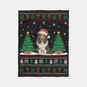 Santa Hat Bearded Collie Dog Xmas Tree Lights Ugly Fleece Blanket