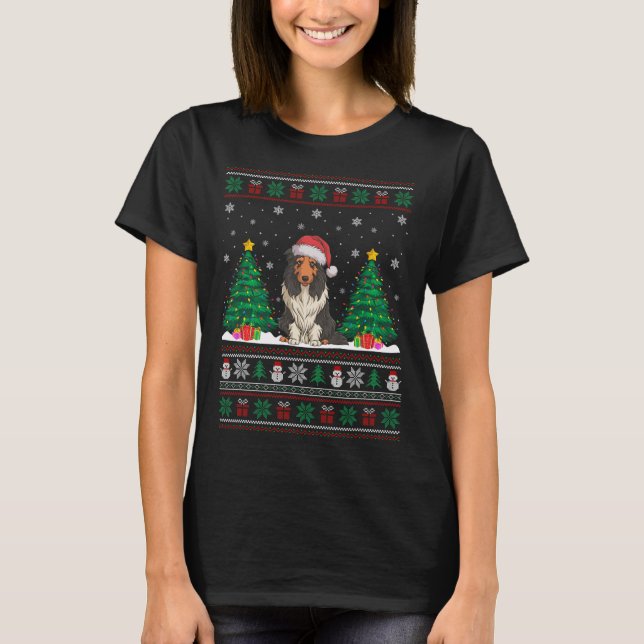 Santa Hat Bearded Collie Dog Xmas Tree Lights Ugly T-Shirt (Front)