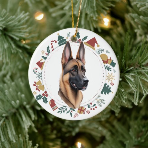 Santa Hat Belgian Malinois Dog Christmas Wreath Ceramic Ornament