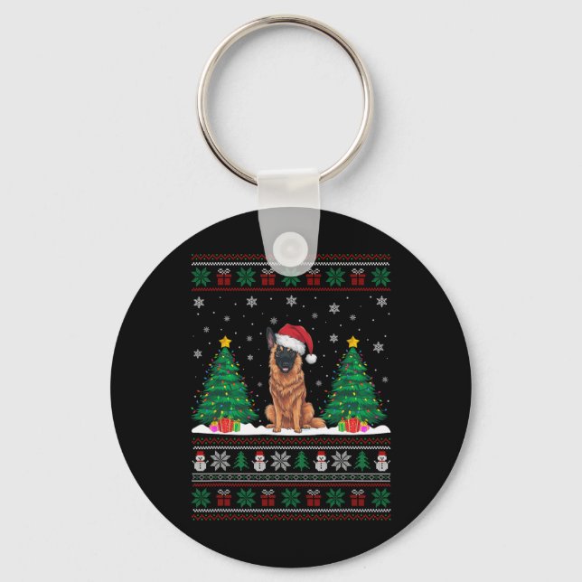 Santa Hat Belgian Malinois Dog Xmas Tree Lights Ug Keychain (Front)