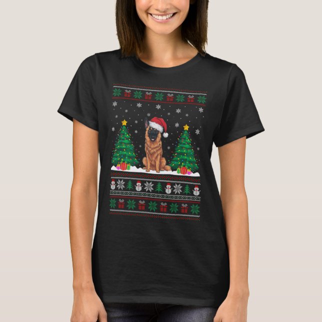 Santa Hat Belgian Malinois Dog Xmas Tree Lights Ug T-Shirt (Front)