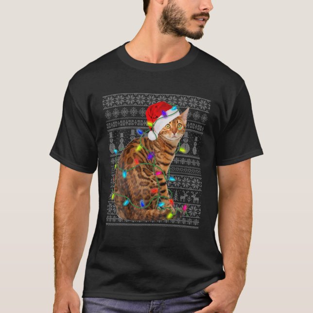 Santa Hat Bengal Cat Xmas Lighting Ugly Bengal Cat T-Shirt (Front)