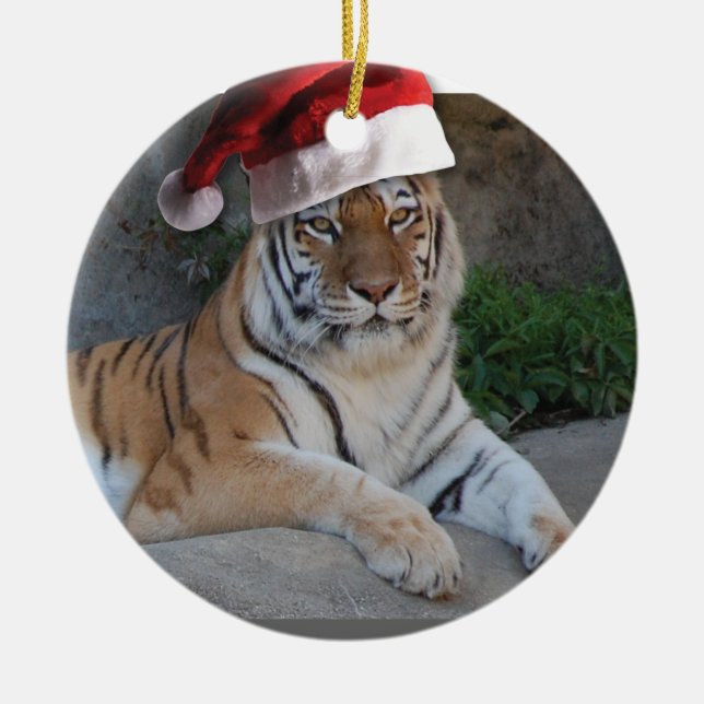 Santa Hat Bengal Tiger Ceramic Ornament (Front)