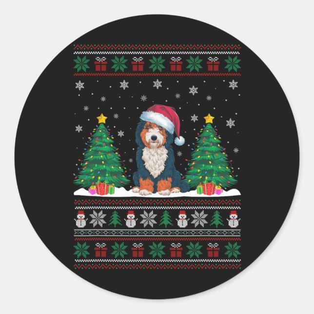 Santa Hat Bernedoodle Dog Christmas Tree Lights Ug Classic Round Sticker (Front)