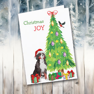 Santa Hat Bernese Mountain Dog and Christmas Tree Holiday Card