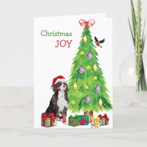 Santa Hat Bernese Mountain Dog and Christmas Tree Holiday Card