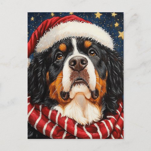 Santa Hat Bernese Mountain Dog Blue Gold Starry Postcard