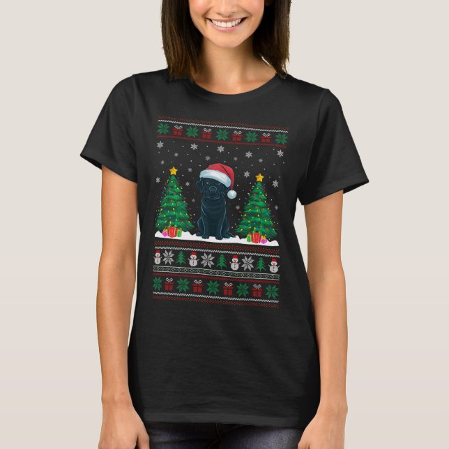 Santa Hat Black Labrador Dog Xmas Tree Lights Ugly T-Shirt (Front)