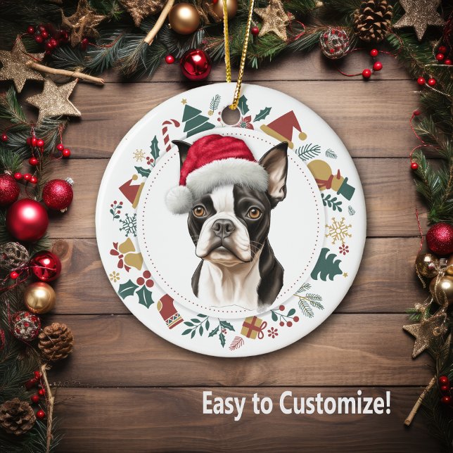 Santa Hat Boston Terrier Dog Christmas Wreath Ceramic Ornament (Creator Uploaded)