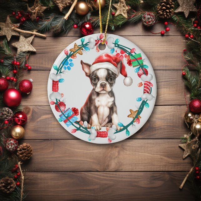Santa Hat Boston Terrier Puppy Bone Wreath Ceramic Ornament (Creator Uploaded)