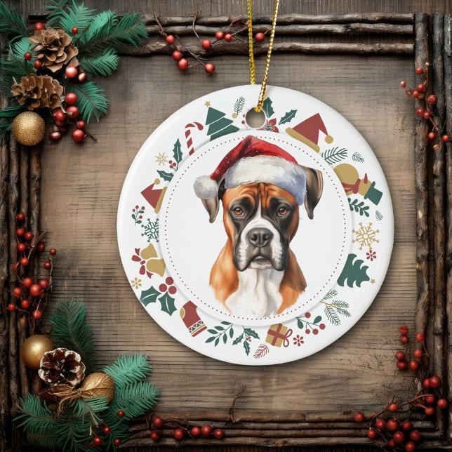 Santa Hat Boxer Dog Christmas Images Wreath Ceramic Ornament (Creator Uploaded)