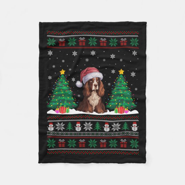 Santa Hat Boykin Spaniel Dog Xmas Tree Lights Ugly Fleece Blanket (Front)