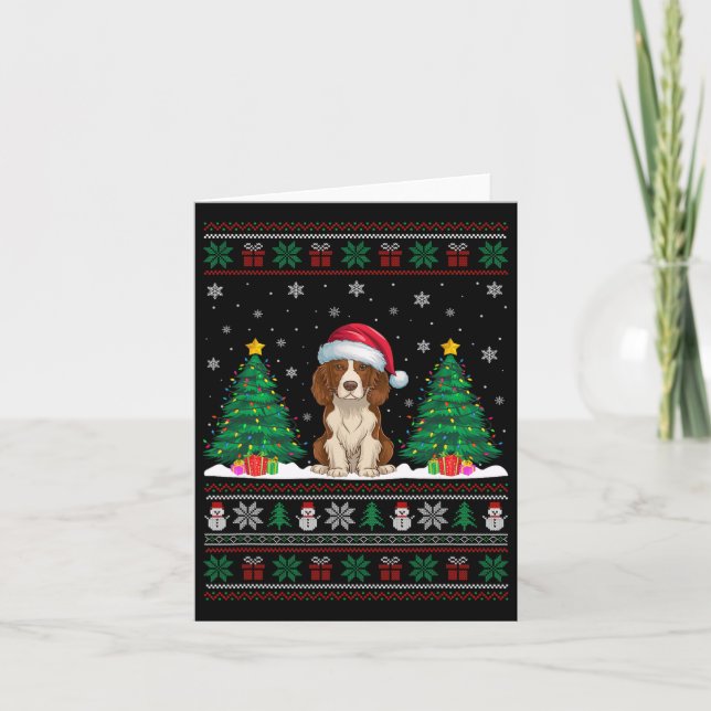 Santa Hat Brittany Spaniel Dog Xmas Tree Lights Ug Card (Front)