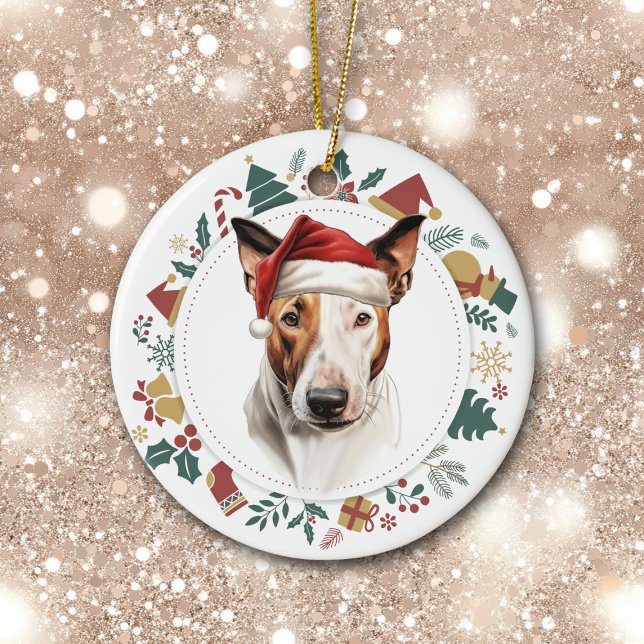 Santa Hat Bull Terrier Dog Holiday Images Wreath Ceramic Ornament (Creator Uploaded)