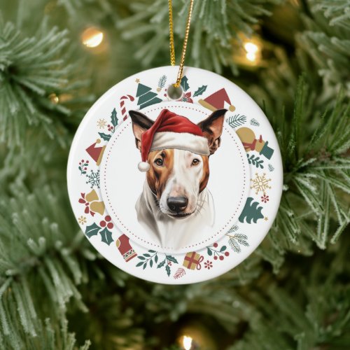 Santa Hat Bull Terrier Dog Holiday Images Wreath Ceramic Ornament