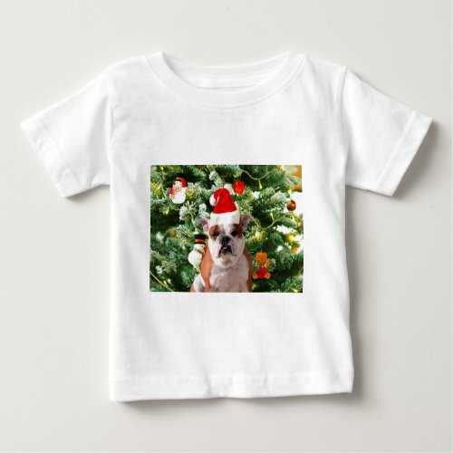 Santa Hat Bulldog Christmas Tree Snowman Gift Box Baby T_Shirt