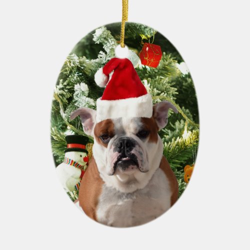 Santa Hat Bulldog Christmas Tree Snowman Gift Box Ceramic Ornament
