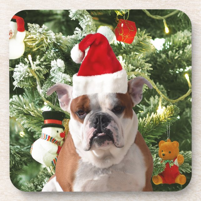 Santa Hat Bulldog Christmas Tree Snowman Gift Box Drink Coaster (Front)
