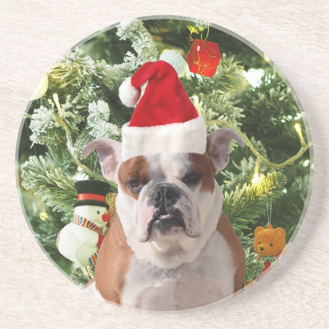 Santa Hat Bulldog Christmas Tree Snowman Gift Box Drink Coaster (Front)