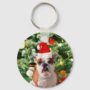 Santa Hat Bulldog Christmas Tree Snowman Gift Box Keychain