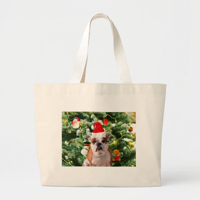 Santa Hat Bulldog Christmas Tree Snowman Gift Box Large Tote Bag (Front)