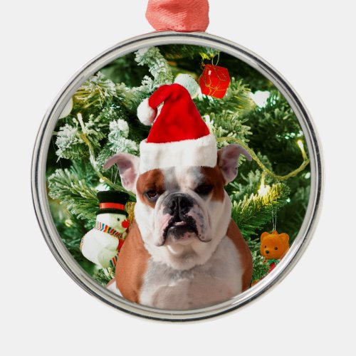 Santa Hat Bulldog Christmas Tree Snowman Gift Box Metal Ornament