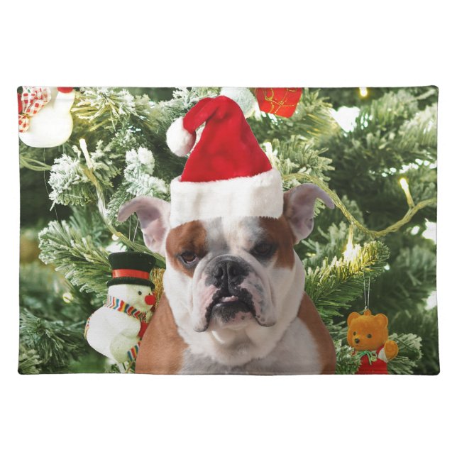 Santa Hat Bulldog Christmas Tree Snowman Gift Box Placemat (Front)