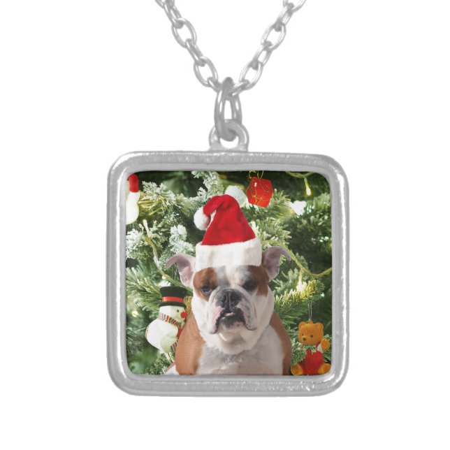 Santa Hat Bulldog Christmas Tree Snowman Gift Box Silver Plated Necklace (Front)