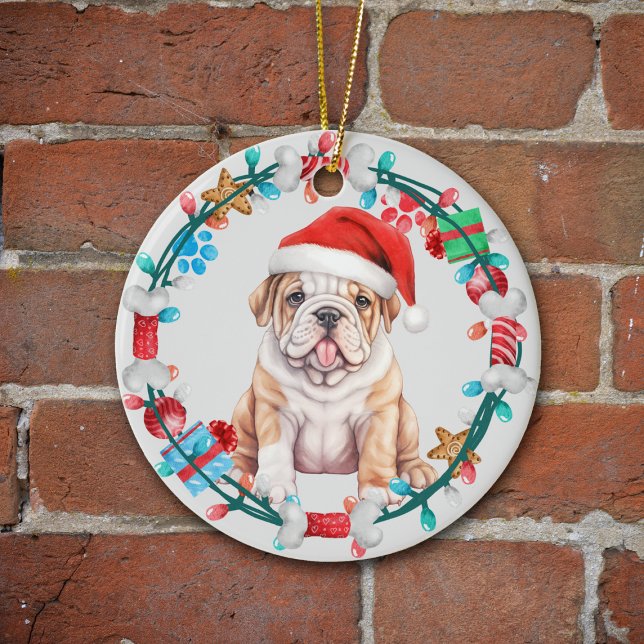Santa Hat Bulldog Puppy Bone Wreath Ceramic Ornament (Creator Uploaded)