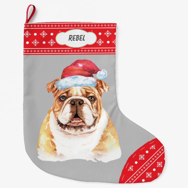 Santa Hat Bulldog Snowflake Border Large Christmas Stocking (Front)