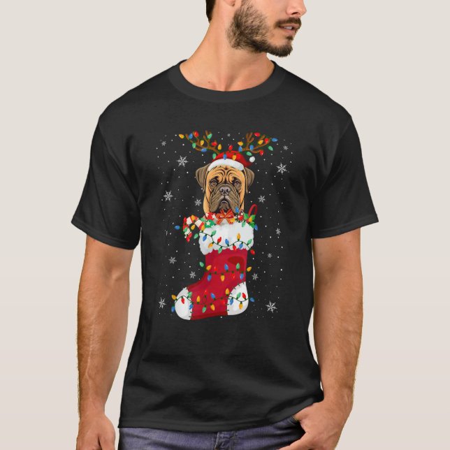 Santa Hat Bullmastiff Puppy Dog In Socks Xmas Tree T-Shirt (Front)