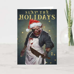 Santa Hat Butcher Pig Funny Horror Christmas Holiday Card