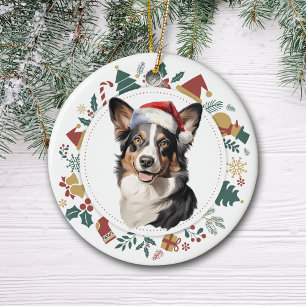 Santa Hat Cardigan Welsh Corgi Christmas Wreath Ceramic Ornament