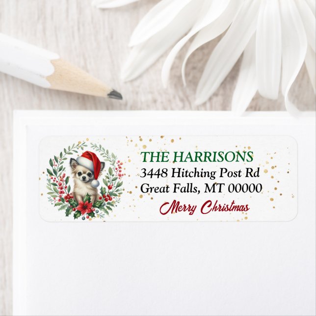 Santa Hat Chihuahua Dog Wreath Christmas Label (Insitu)
