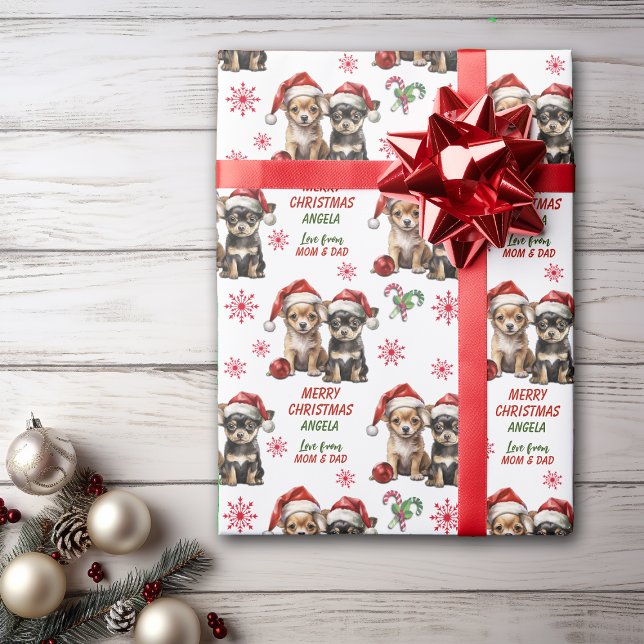 Santa Hat Chihuahua Puppies Christmas Wrapping Paper (Creator Uploaded)